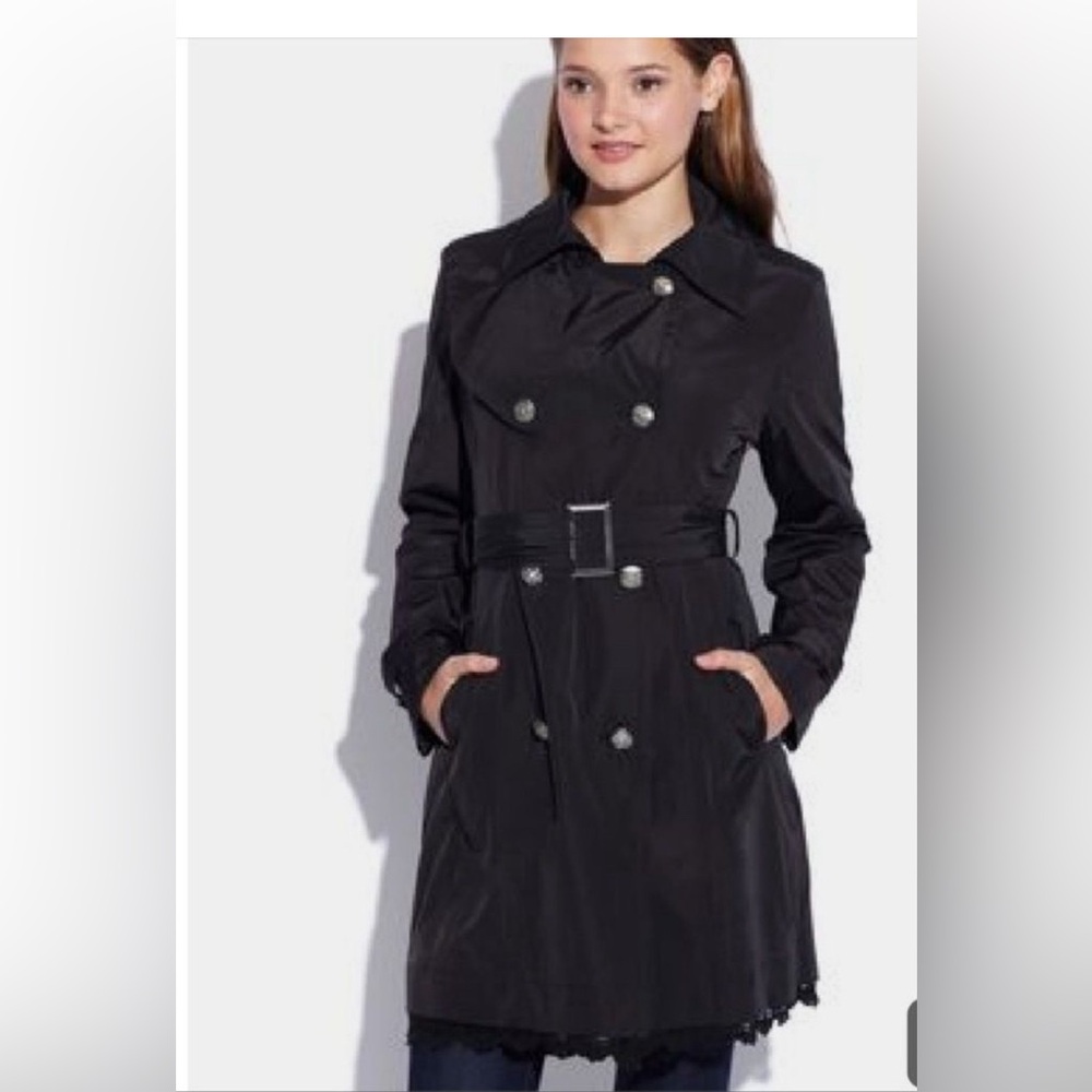 Betsey Johnson Black Lace Trim  Double Breasted Trench Coat Medium